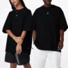 Culoare solidă, croi larg, guler rotund, mânecă scurtă, stil pentru cuplu, negru