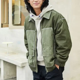 Jachetă cargo din pânză cu buzunare colorate, stil pentru cuplu, verde iarbă Jachetă cargo din pânză cu buzunare colorate, stil pentru cuplu, verde iarbă