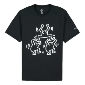 Tricou negru cu guler rotund și mâneci scurte Converse x Keith Haring Crossover cu imprimeu de desene animate pentru bărbați